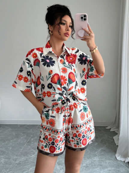 Simple holiday style short-sleeved printed shorts set